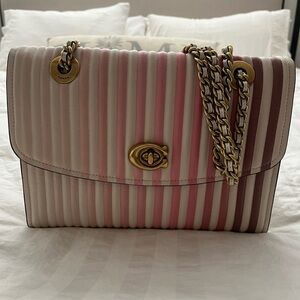 Coach Striped Pink and Cream double chain shoulder Bag